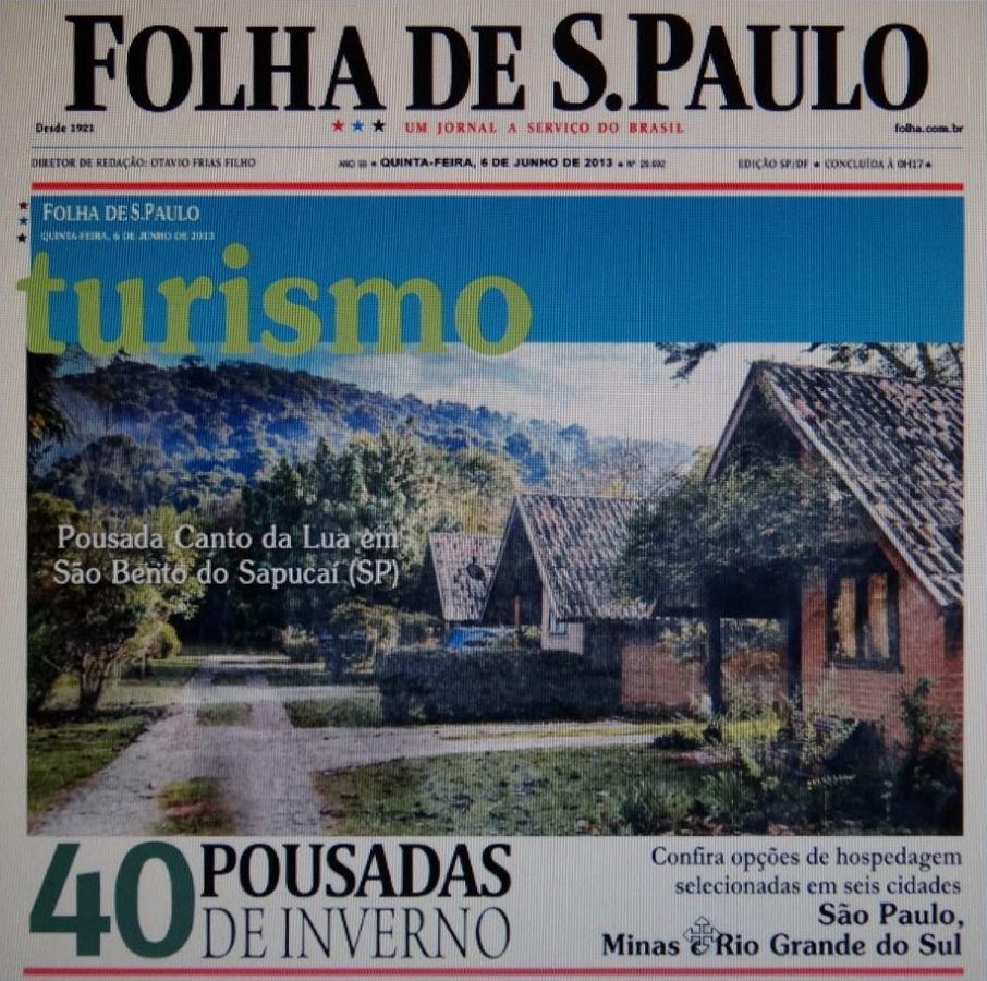 Capa do caderno Turismo da Folha de S.Paulo de 6 de junho de 2013, 40 pousadas de inverno, com foto dos chalés da Pousada Canto da Lua