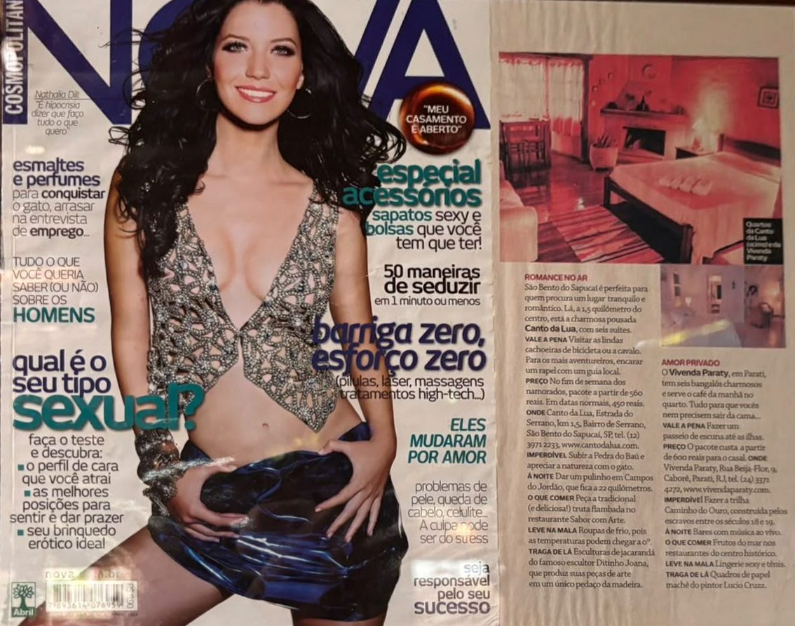 Capa da revista Nova e, ao lado, a matéria que indica a Pousada Canto da Lua para um fim de semana romântico