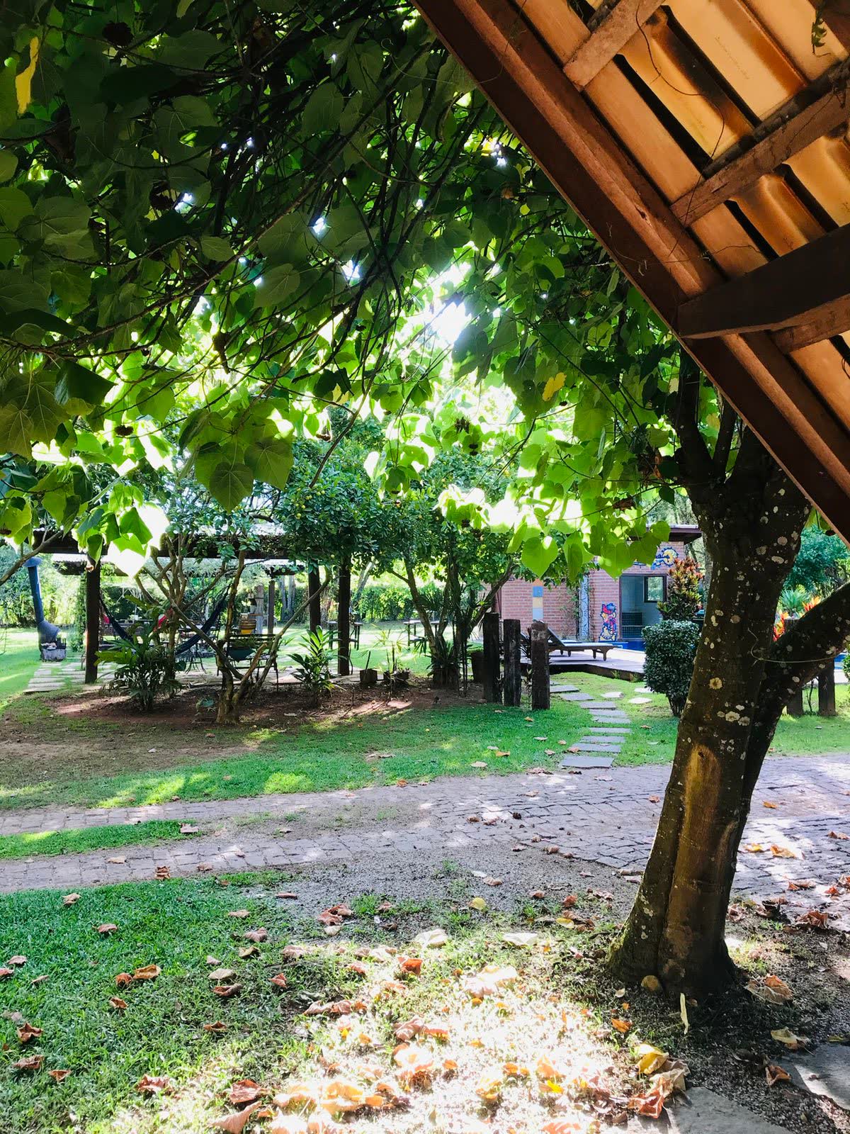 Jardim da pousada visto do beiral do chalé