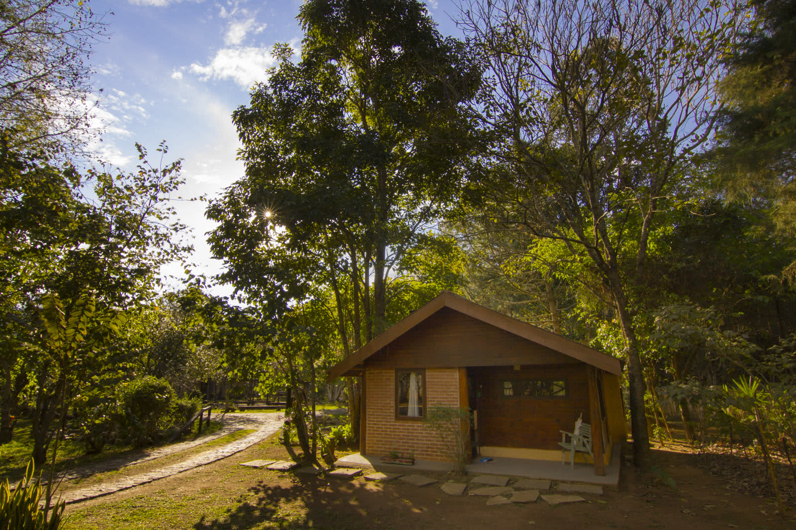 Chalé Paineiras entre as árvores, com o sol atravessando a copa