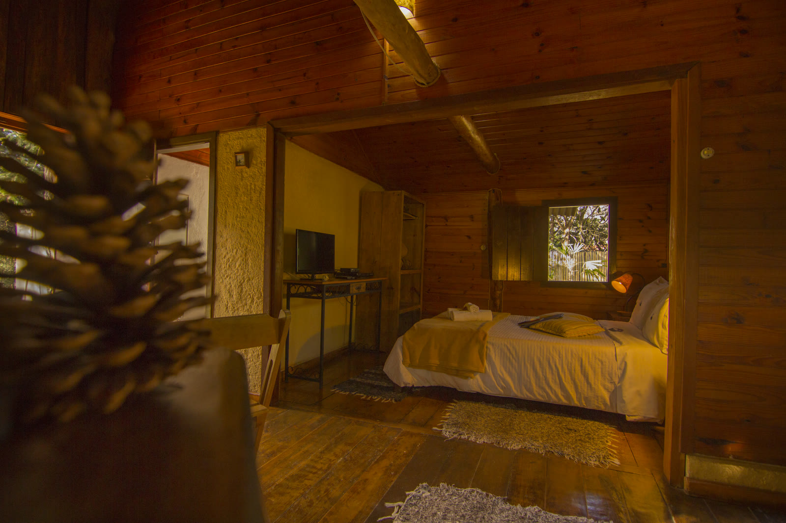 Sala do Paineiras com a pinha da lareira em primeiro plano e a cama ao fundo