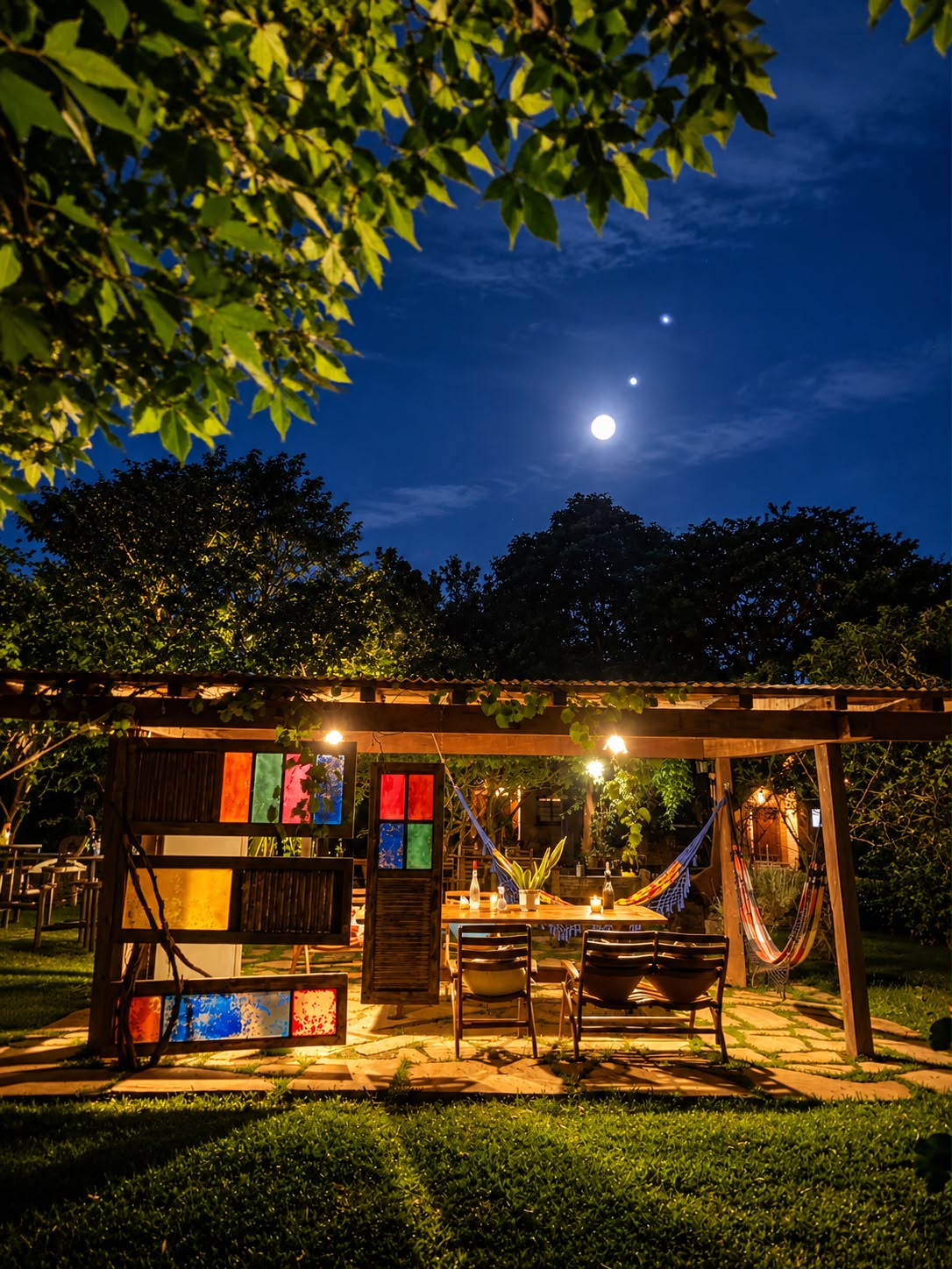 Redário iluminado à noite, com redes, mesa posta e vitrais coloridos sob o pergolado, e a lua no céu